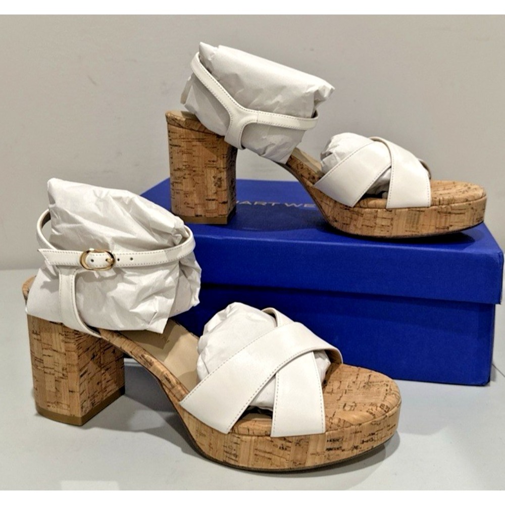 Stuart Weitzman Size 9B Dayna Platform 80 Block Heel Sandals Cream Leather Cork
